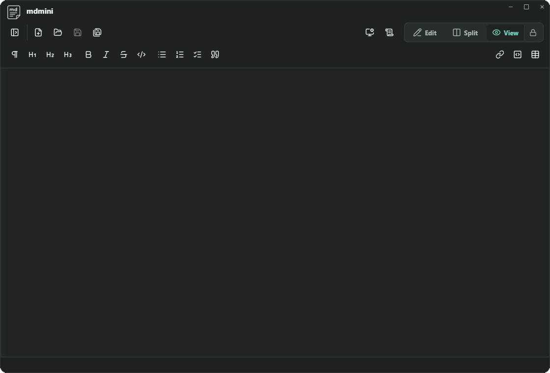 The mdmini desktop app showing its toolbar, edit split view controls, and dark Markdown workspace.